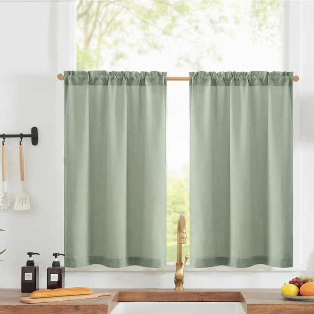 Linen Textured Tier Curtains 24 Inch for Kitchen Windows Farmhouse Cafe Curtains Small Drapes Rustic Light Filtering Half Window for Living Room Laundry Rod Pocket 2 Panels Green