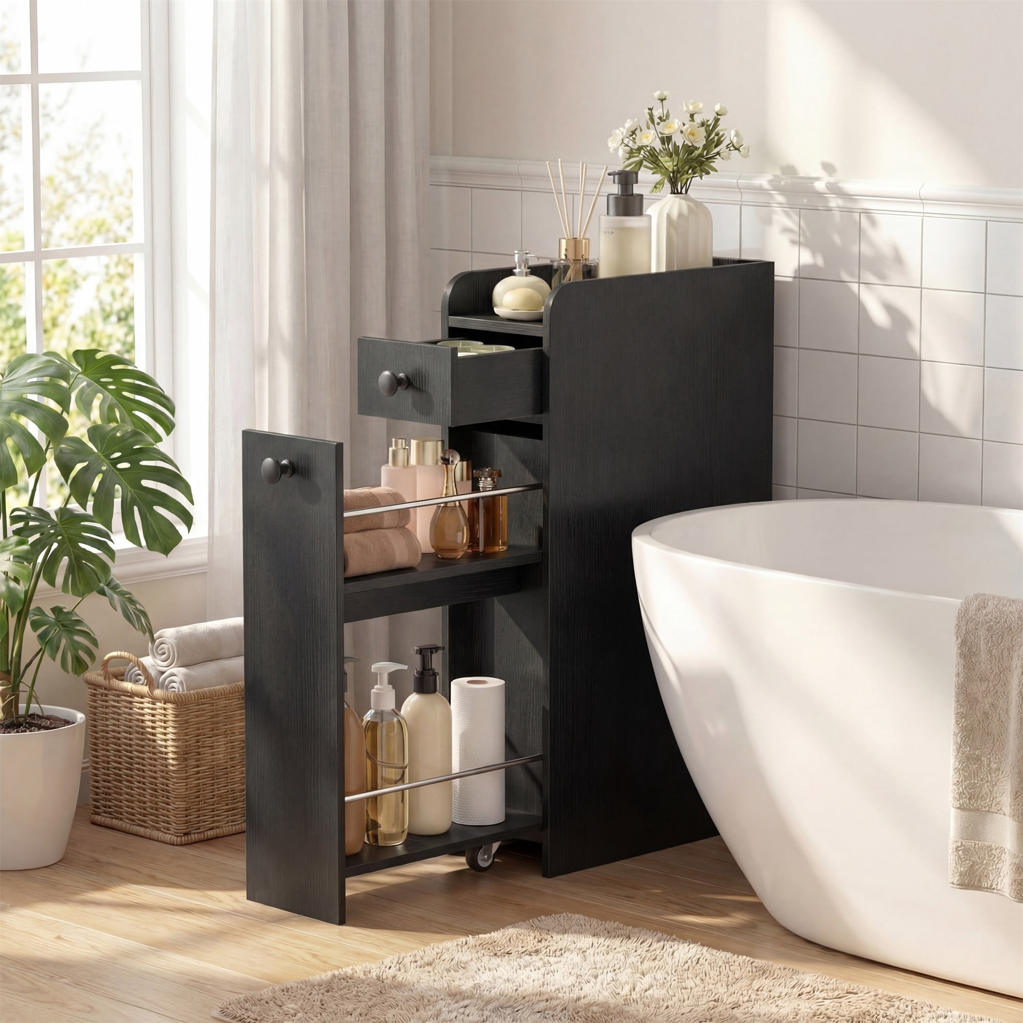 ELLEGNT Bathroom Storage Cabinet on Rolling Wheels – Slim Design, Slide-Out Drawer, Spacious Top, Black