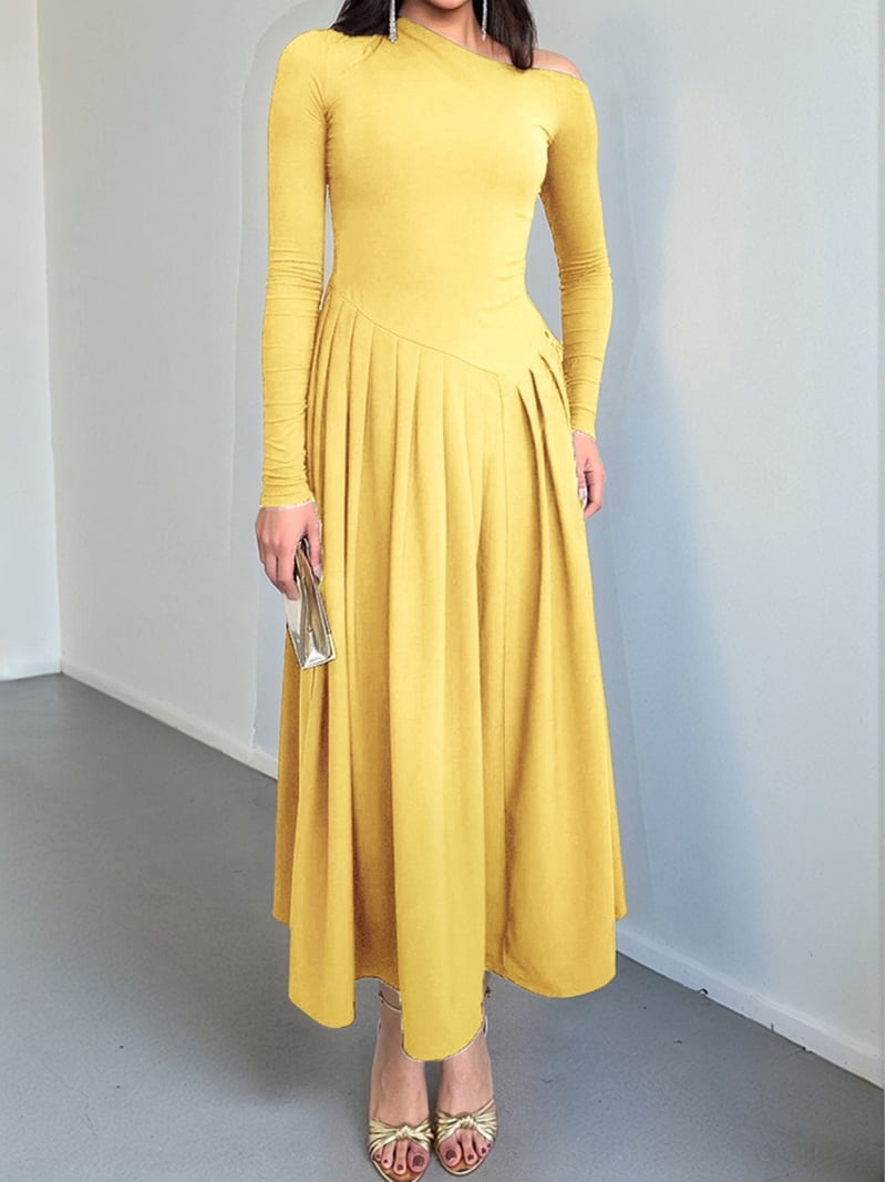 yellow midi wedding guest dress Women'S Fall Long Sleeve Wedding Guest Dresses One Shoulder Elegant Formal  Pleated Midi Maxi Dress Brown XL