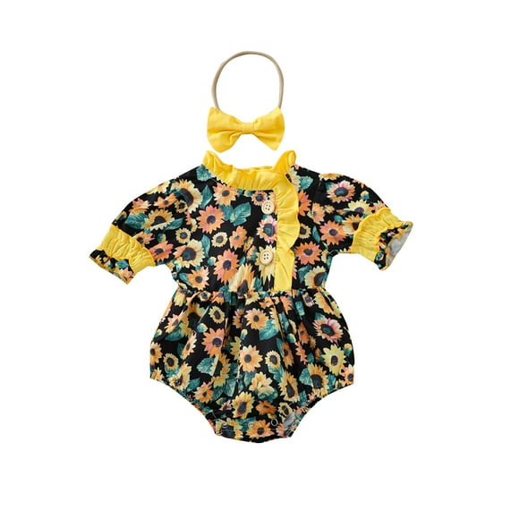 ITFABS Enfants Filles Ébouriffé Col Rond Manches Courtes Romper + Bande de Cheveux de Couleur Unie