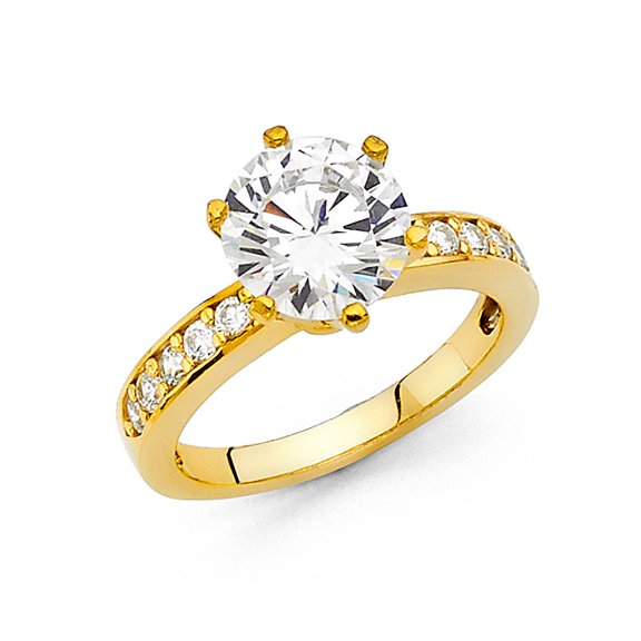 14k Yellow Italian Gold Round CZ Solitaire with Accent Wedding Ring