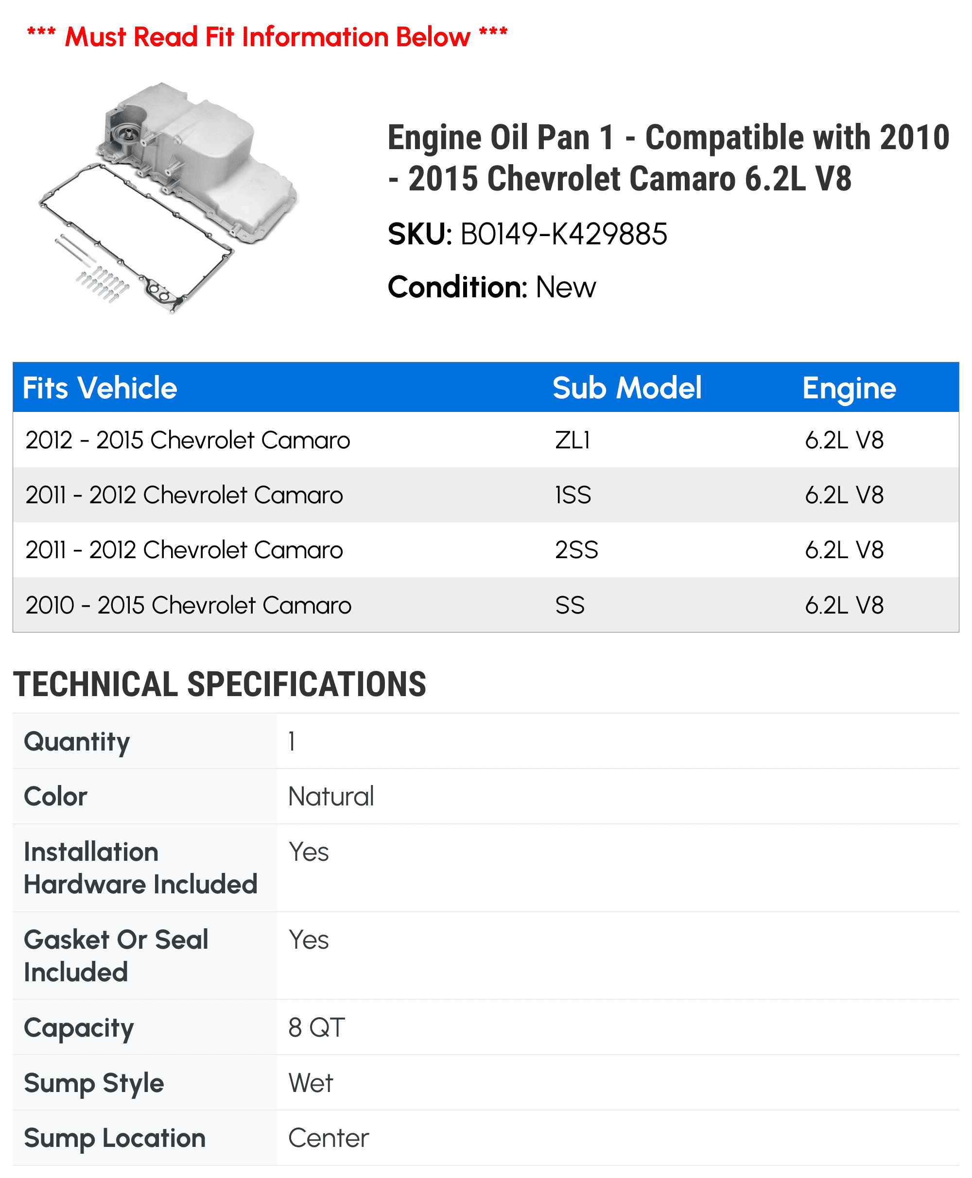 Engine Oil Pan 1 - Compatible with 2010 - 2015 Chevrolet Camaro 6.2L V8 - Autopart Premium