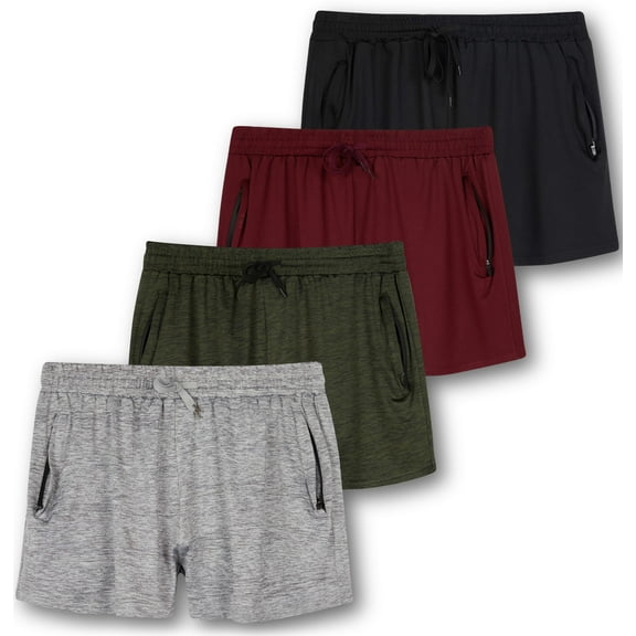Real Essentials 4 Pack: Womens Active Athletic Performance Dry-Fit Shorts with Zipper Pockets (Available In Plus Size)