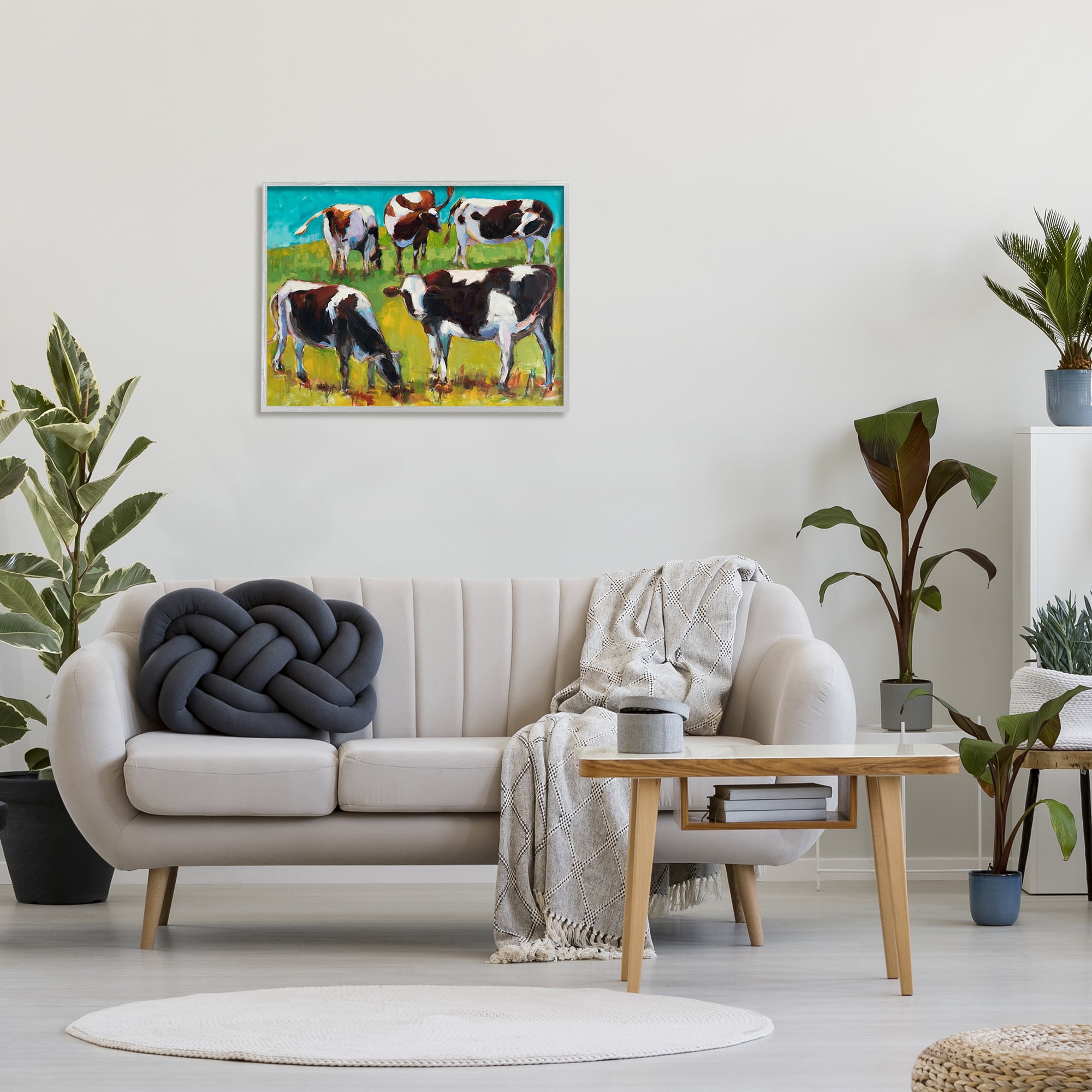 Stupell Industries Cows Grazing Modern Painting Animals & Insects Painting Gray Framed Art Print Wall Art, 30 x 24