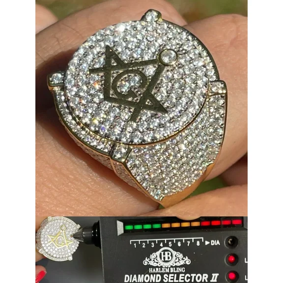 "Moissanite 14K Gold Plated 925 Silver Masonic Ring - Passes Test, Pinky Hip Hop Mason"