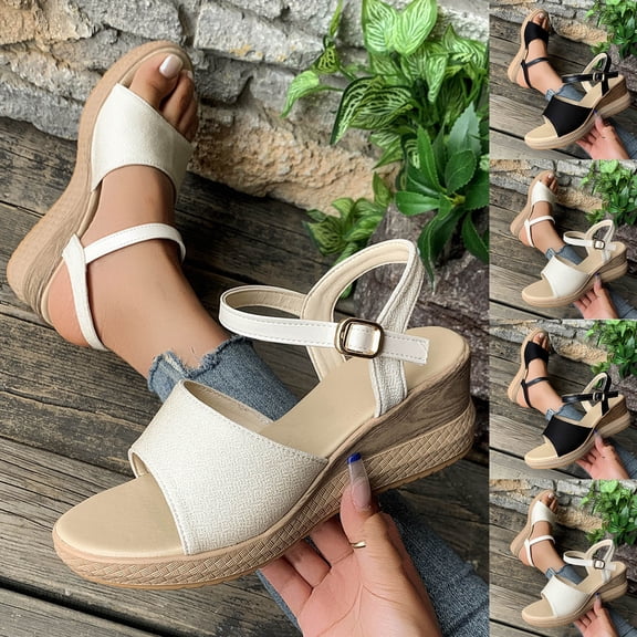 QNANSPI Women's Wedge Heel Shoes, Summer Casual Footwear for Women, Women Round Toe Roman Style Fashion Thick Heel Casual Slide Footwear For Summer Shoes