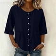 thumbnail image 3 of Tbopshirt Womens Blouses Summer Tops for Women 3/4-length Sleeve Color and Linen Button Fashion Top,Navy, 3 of 7