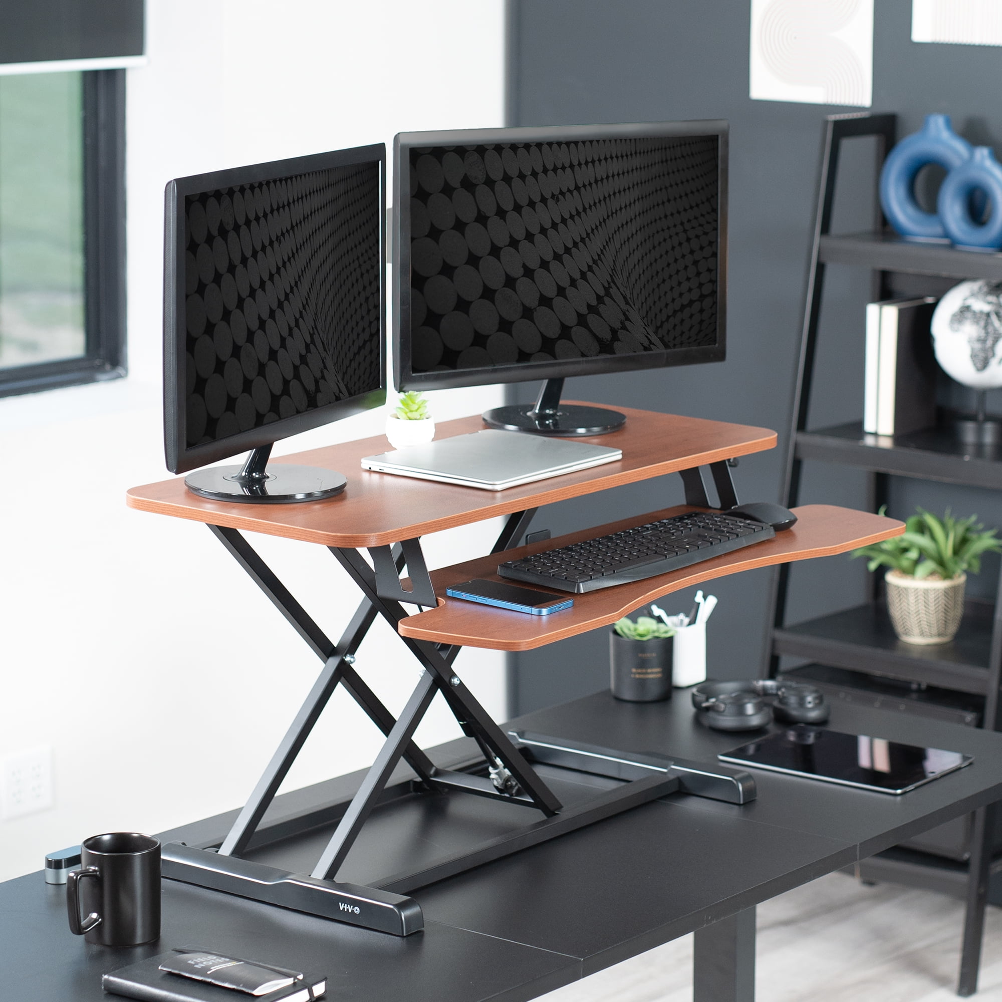 VIVO Dark Walnut Height Adjustable 36" Standing Desk Monitor Riser, Black Frame