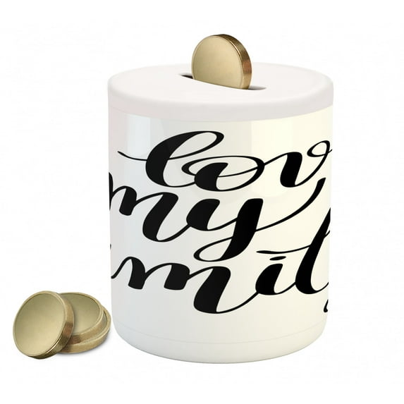 Family Piggy Bank, I Love My Family Phrase Hand Writing in Black Calligraphy Art Positive Words, Ceramic Coin Bank Money Box for Cash Saving, 3.6" X 3.2", Black and White, by Ambesonne