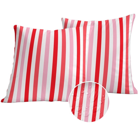 Red Pink Stripe Outdoor Pillow Covers 24x24 Set of 2,Waterproof Patio Throw Pillowcase Protectors,Geometric White Vertical Striped Decorative Pillow Shams Cushion Covers for Seat Bed Couch Sofa