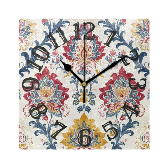 Boho Floral Vintage Wall Clock Square Silent Non Ticking Battery Operated Clock for Home Bathroom Kitchen Bedroom Living Room