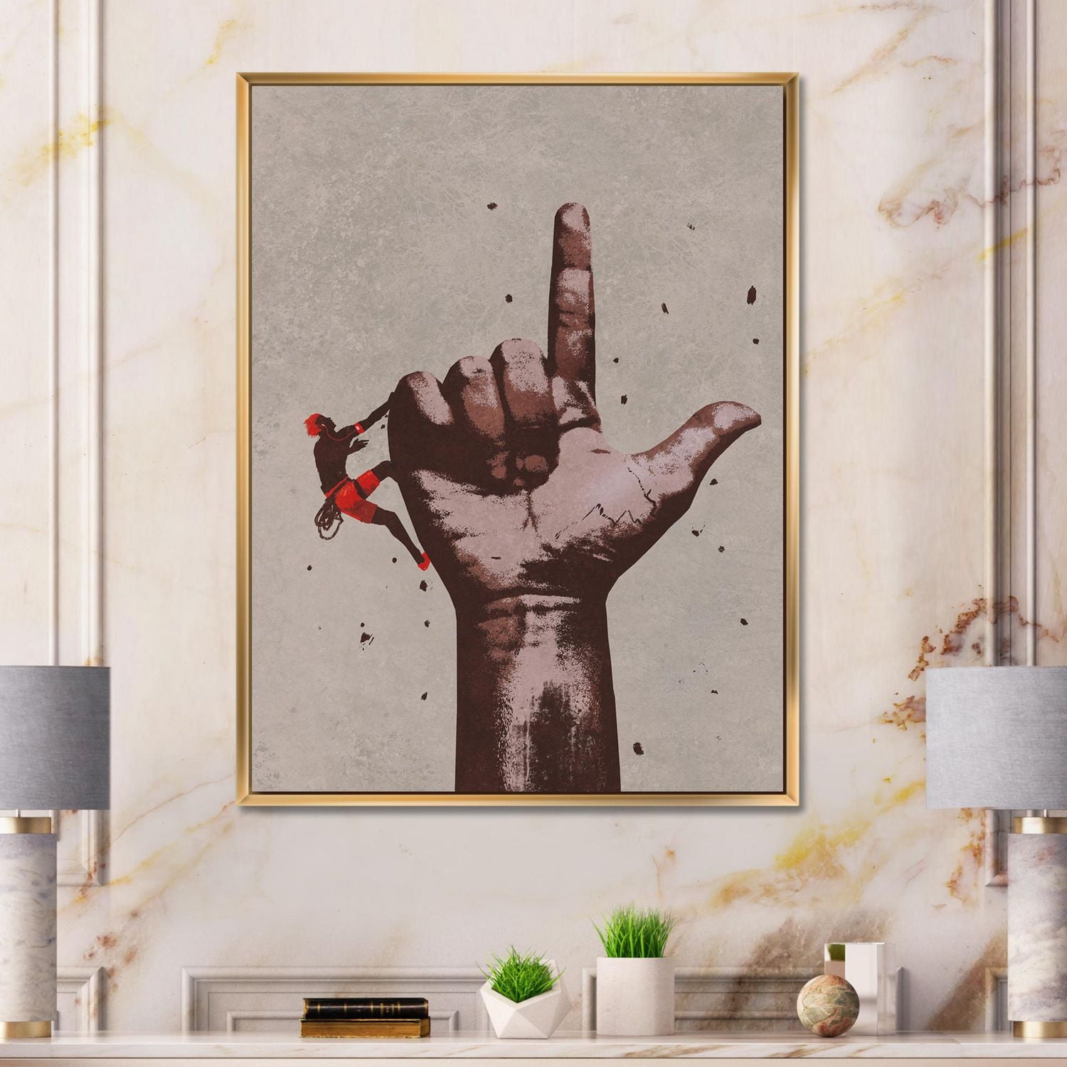 Designart Finger Pointing Up Sign With Climber FLOAT FRAME WALL ART