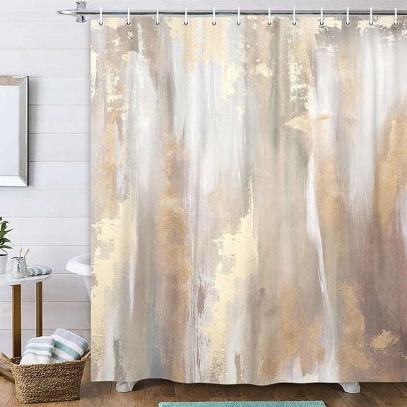 Abstract Grey Gold Shower Curtain, Modern Neutral Marble Boho Ombre Minimalist Chic Art Shower Curtain for Bathroom, Fabric Bathroom Bathtub Curtain with Hooks-36"W x 72"L (Pack of 1)