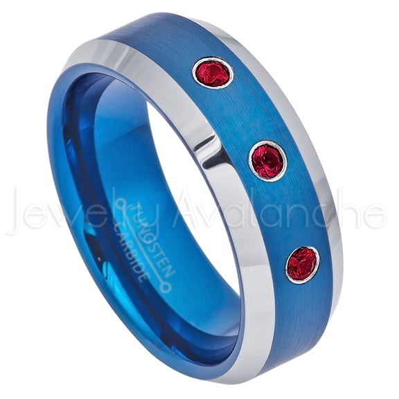 2-Tone Beveled Blue IP Tungsten Ring - 0.21ctw Ruby 3-stone Band - Personalized Tungsten Wedding Ring - Custom Made July Birthstone Ring TN692BS