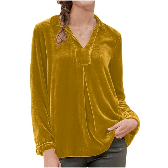 FAIWAD Womens Velvet Tunic Tops Long Sleeve V Neck Trendy Solid Color Lightweight Velour Tops