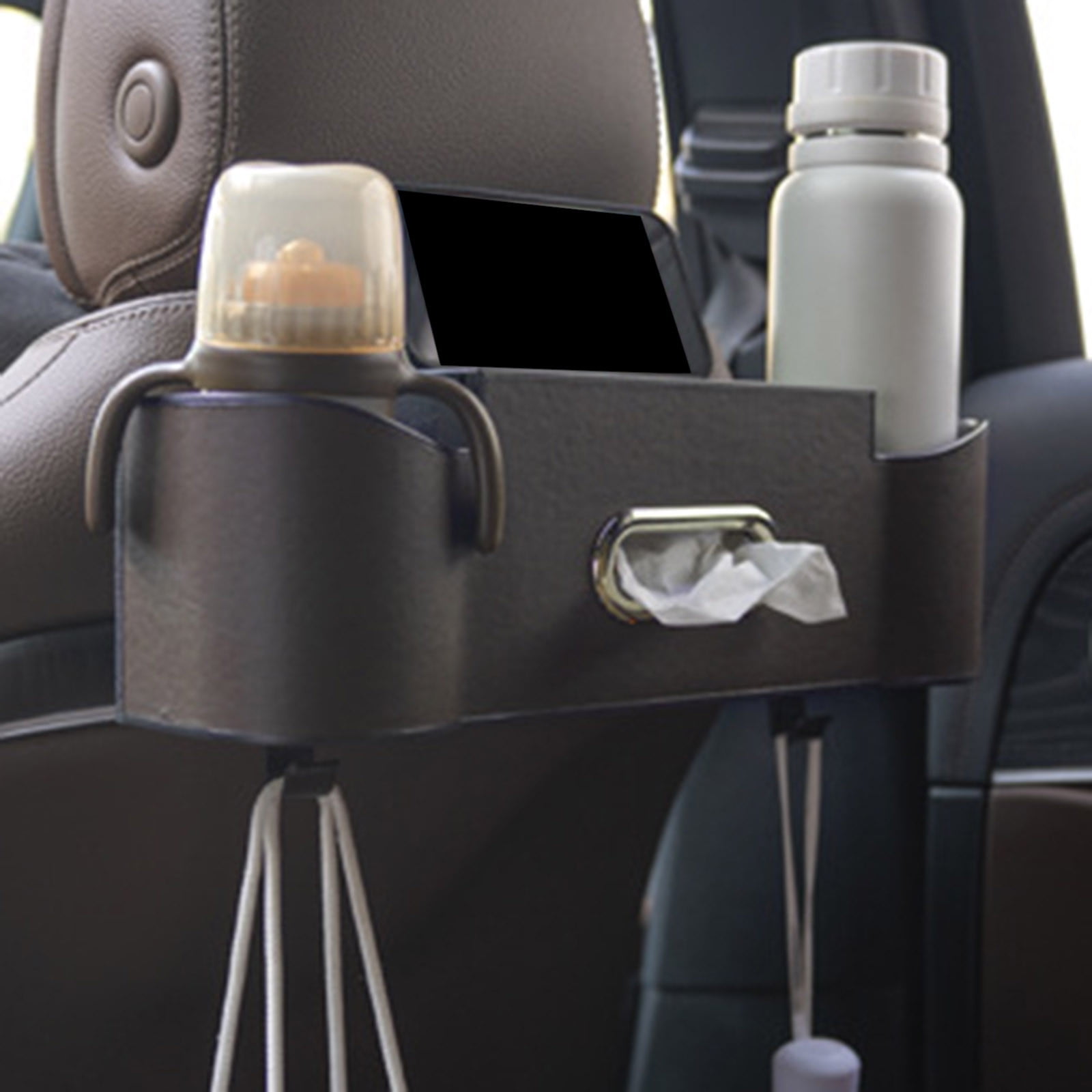 Car Backseat Organizer with Drink Holders & Hooks - 3-in-1 Storage Box for Tissues, Phone & Purse - Universal Headrest Attachment for Cars, SUVs & Trucks