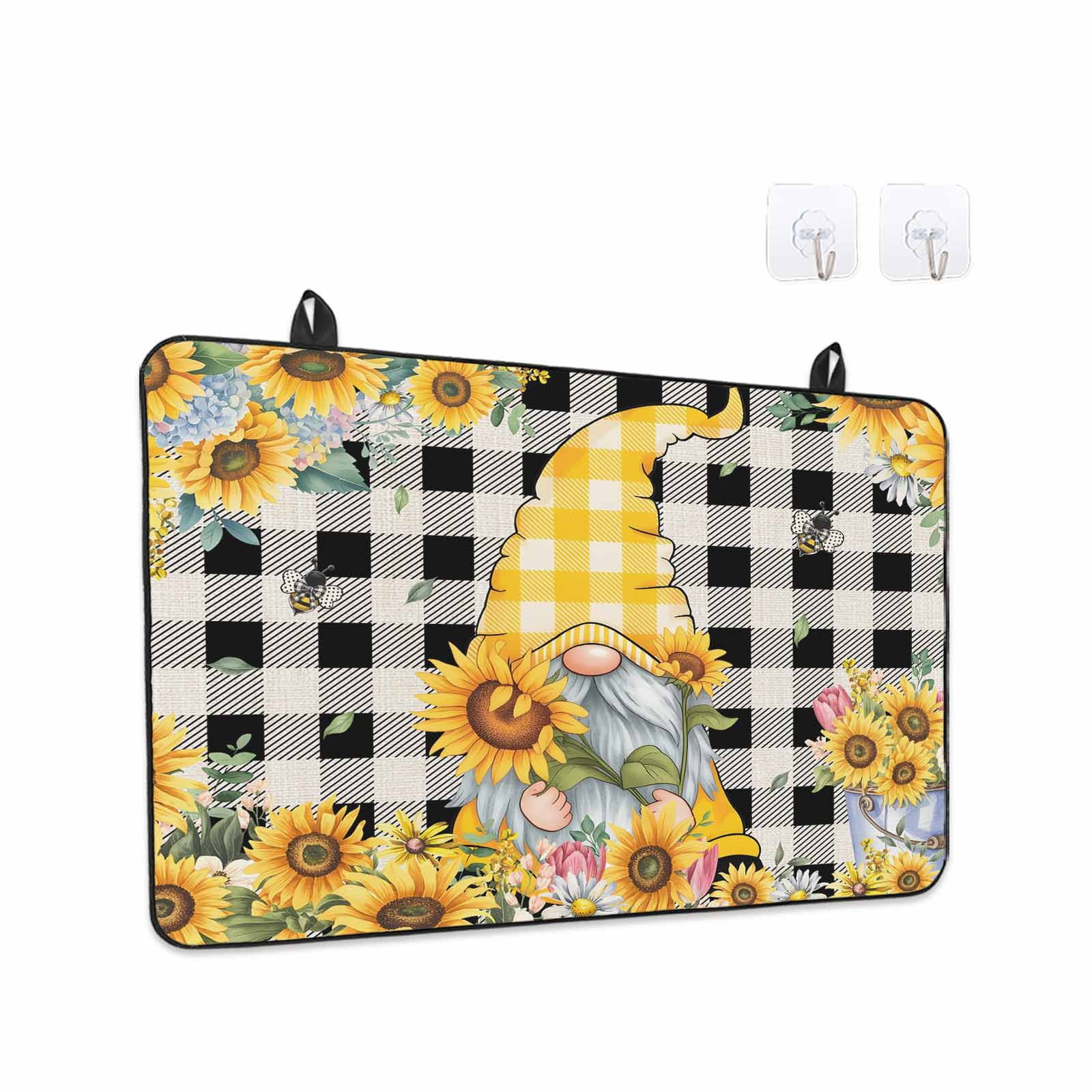 Gnomes Plaid Stove Top Cover for Electric Stove, Heat-proof & Non Slip Glass Top Stove Cover Protector, Yellow Sunflower Farmhouse Bee Black Check Kitchen Flat Cooktop Rubber Mat 31x24 Inches