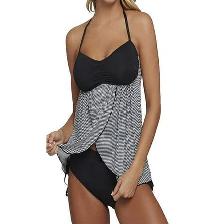 Plaid Womens Swimsuit Bottoms - Womail Women's Halter Plaid Black Top With Bikini Bottom Swimsuit Set