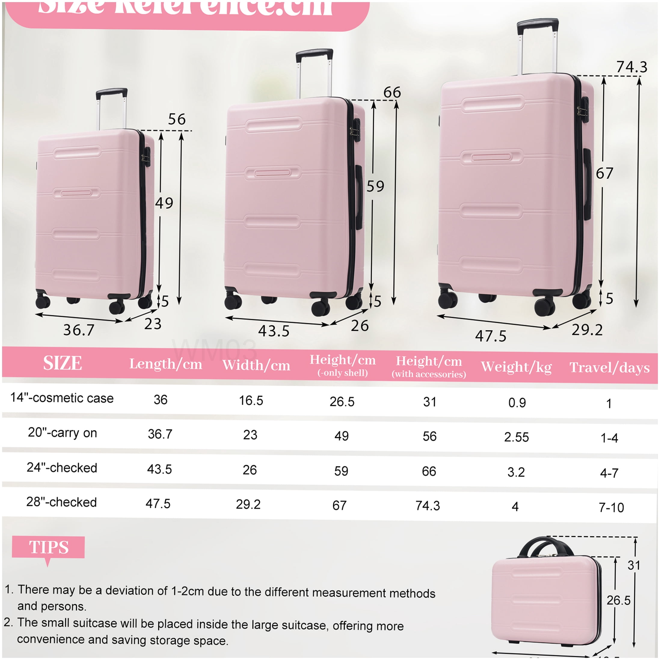 CHAMPFLAG Pink ABS 6-Piece Hardside Luggage Set with Double Spinner Wheels, Combination Lock, Includes Carry-On, Checked Suitcase, Duffel &; Cosmetic Case