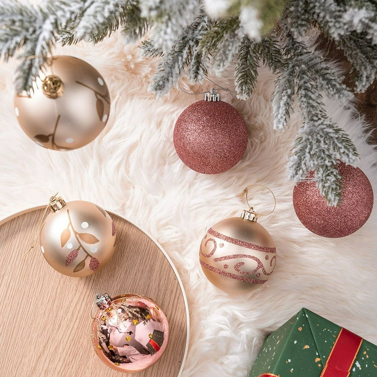 Glamorous and Cute Shiny Pink and Rose Gold Christmas Ornament Set Glittered and Girly Feminine Holiday Baubles Walmart
