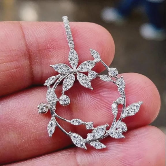 1.77Ct Round Cut Lab-Created Diamond Flower Pendant 14K White Gold Plated Silver 18 Inch Free Chain