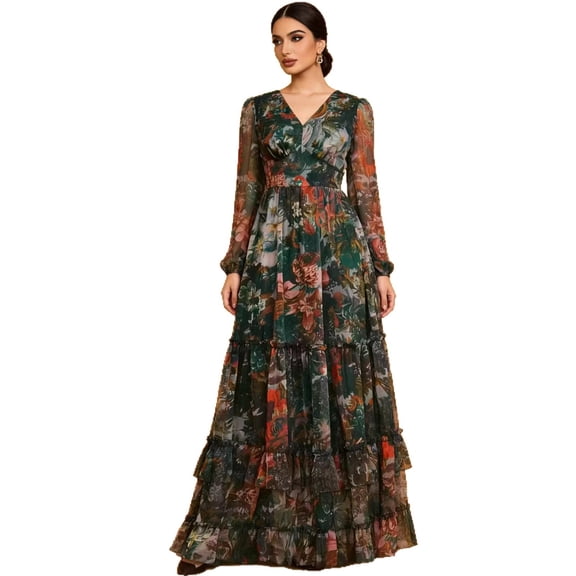 AURA Women Plus Size Floral Maxi Dress V Neck High Waist Long Sleeve Elegant Dress