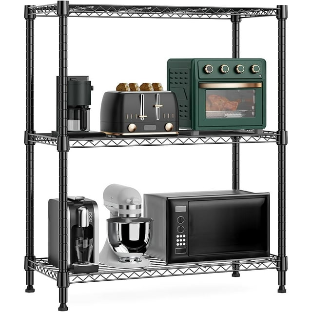 750 lbs 3 Tier Storage Rack Metal Wire Shelving Unit, Storage Standing Shelf Organizer for Laundry Bathroom Kitchen Pantry Closet Garage Basement Utility Room, Black 35 x 70 x 90.17 ()