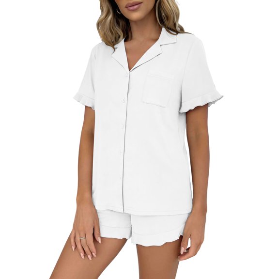 QSAWXQZ Women's 2pc Pajama Set Short Sleeve Collar Button Down Shirt Ruffle Shorts Sleepwear S