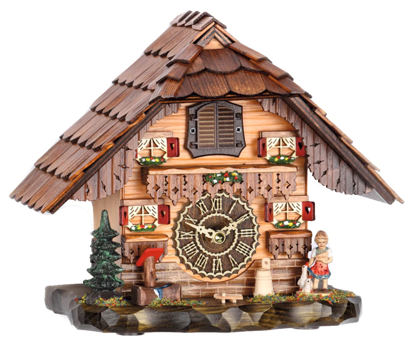 PETRA, Table top cuckoo clock with girl feeding ducks. Melodies and