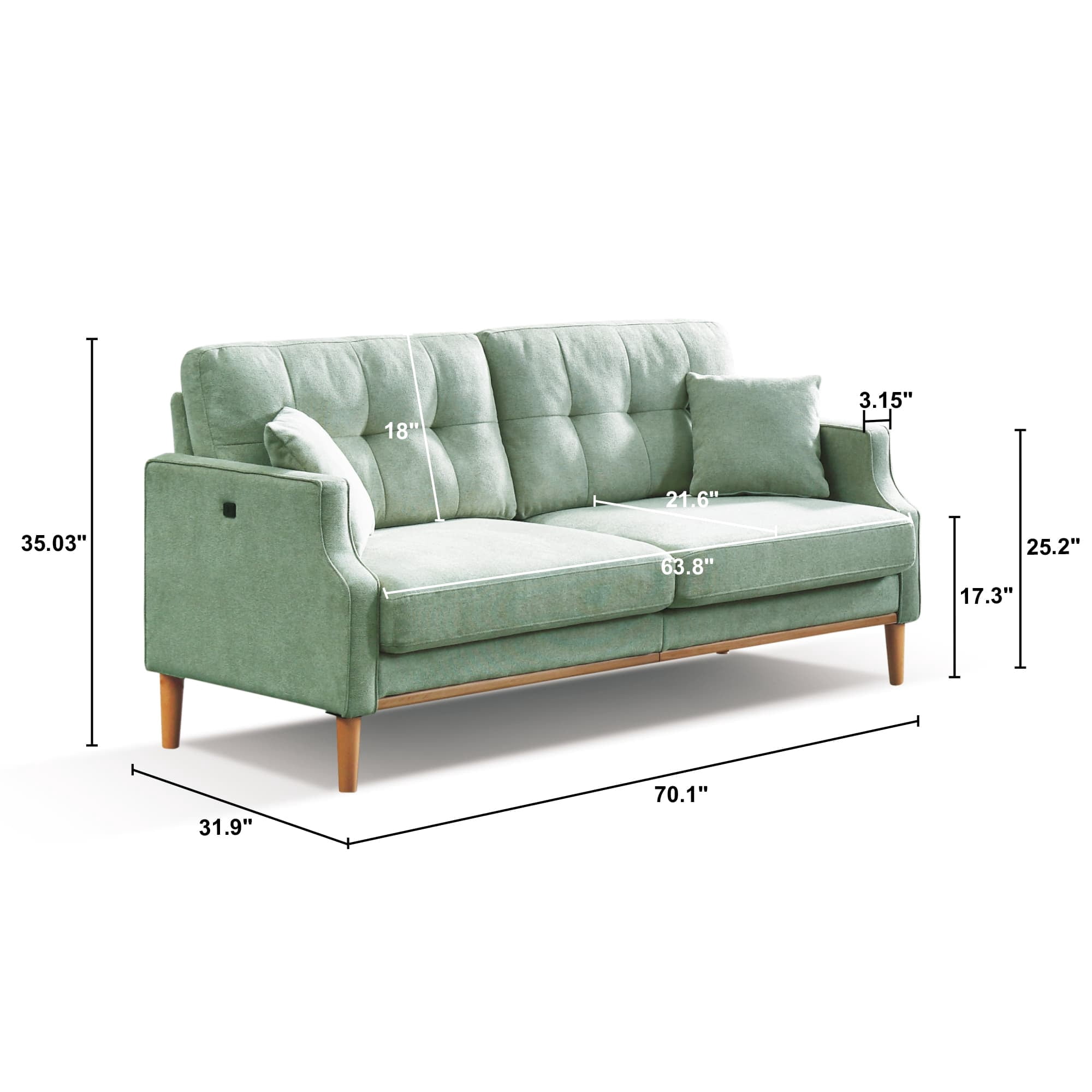 MAYEERTY Stylish 3-Seater Living Space Sofa: Waterproof Fabric, Integrated USB Charging Ports, Baby Blue