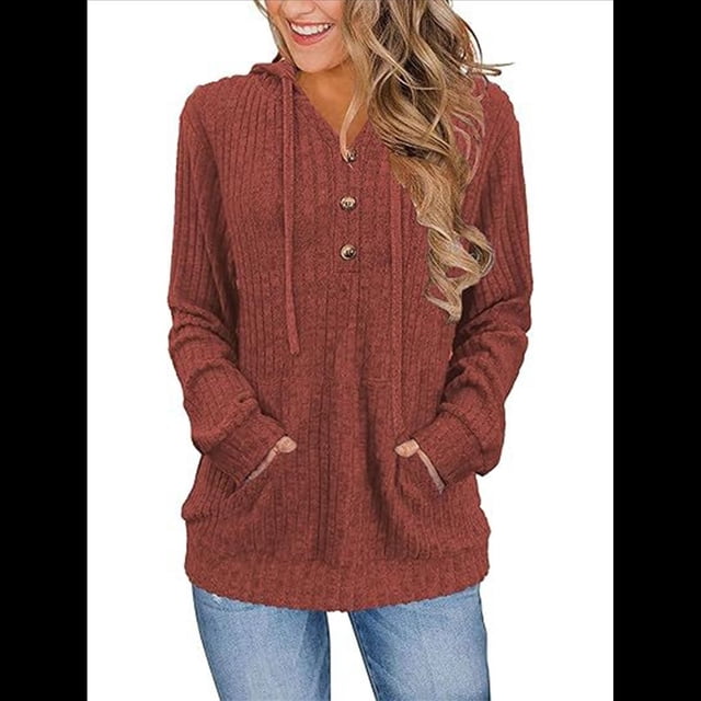 Sudadera con Capucha de Moda para Mujer, de Larga y Cuello en V, Informal, para Otoño e Invierno. Vino Tinto XL
