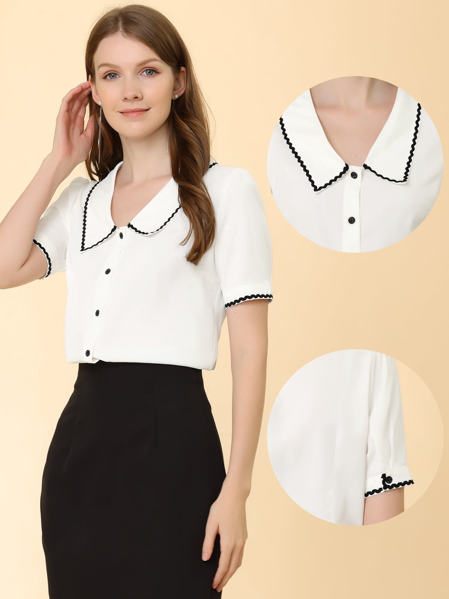 DARING DIVA Women's Elegant Chiffon Button Down Peter Pan Collar Blouse M White