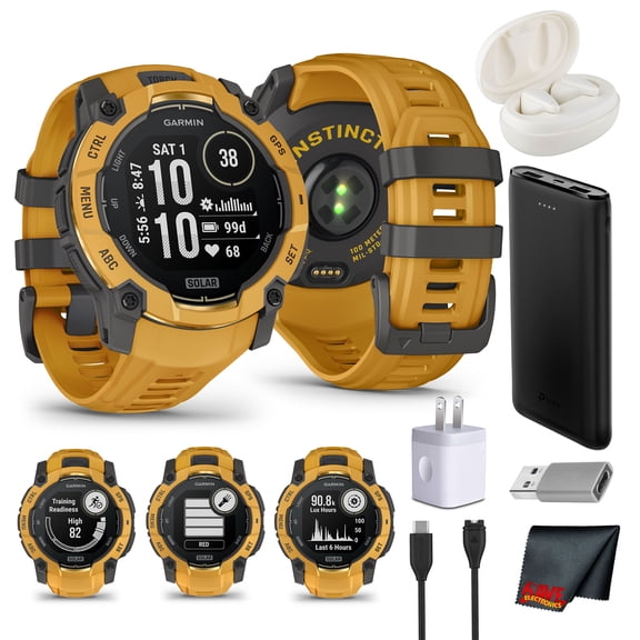 Garmin Instinct 3 - 50 mm, Solar, Rugged Outdoor GPS Smartwatch, Built-in Flashlight, Alpine Rush Collection Limited Edition Color, Sunburst Bundle With Cleaning Cloth Wireless EarBuds More