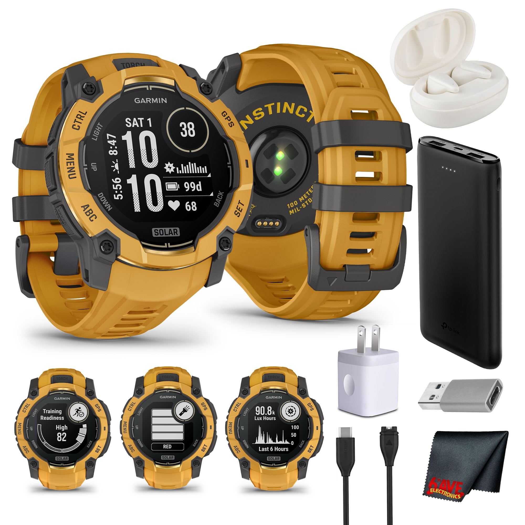 Garmin Instinct 3 - 50 mm, Solar, Rugged Outdoor GPS Smartwatch, Built-in Flashlight, Alpine Rush Collection Limited Edition Color, Sunburst Bundle With Cleaning Cloth + Wireless EarBuds + More