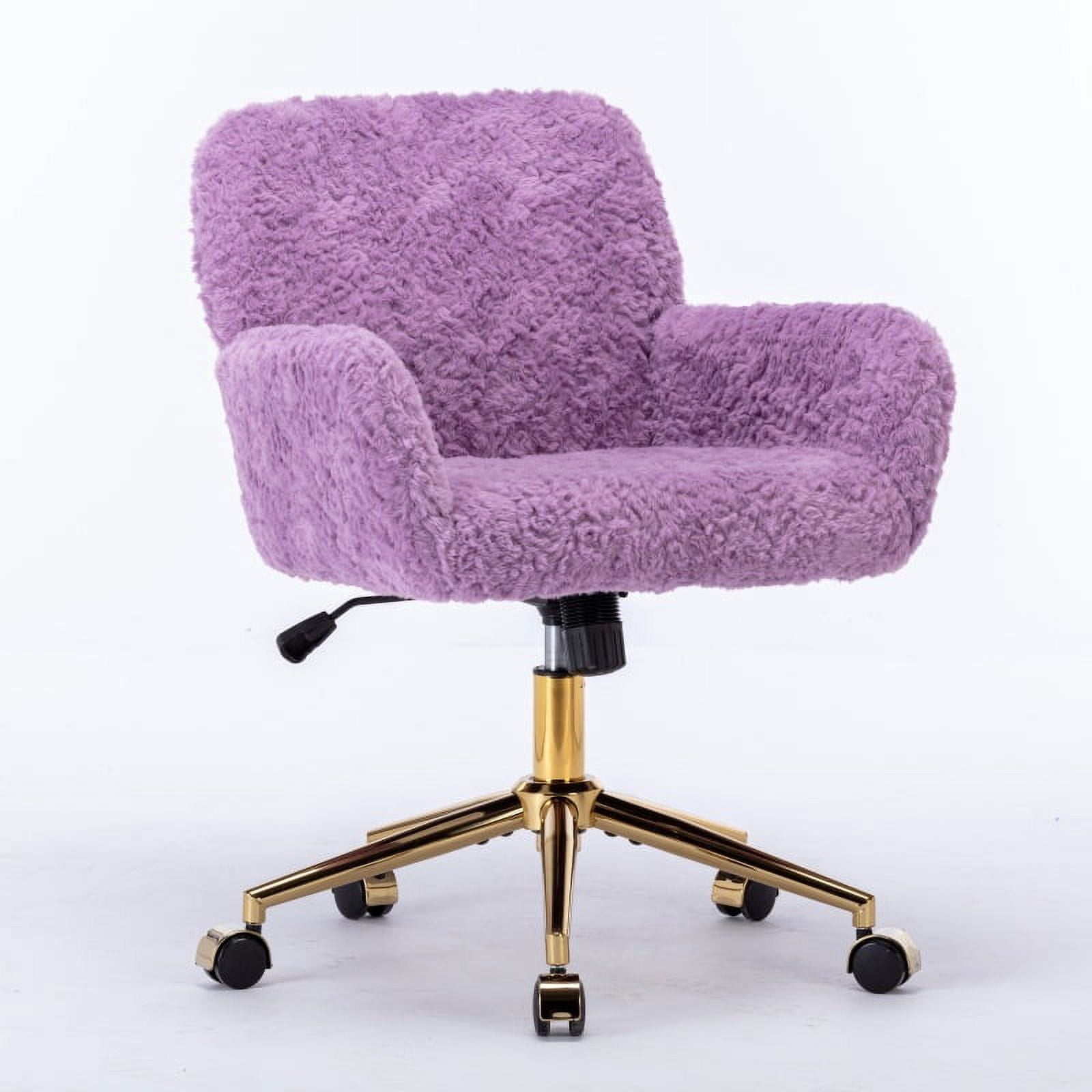 Faux Fur Office Chair for Women & Teens, Adjustable Swivel Desk Chair with Metal Base & Colorful Wheels, 22.5"W x 21.5"D, Ivory Vanity Chair/V