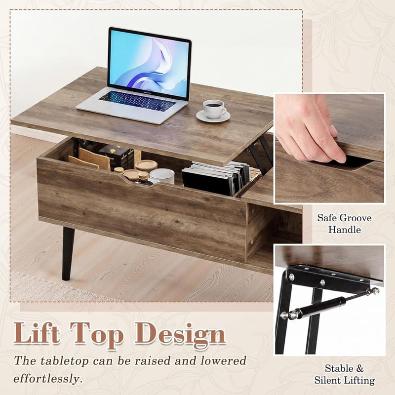 Kelno Lift Top Coffee Table with Hidden Storage Adjustable Height Wood Center Table with Shelf,Wood Gray