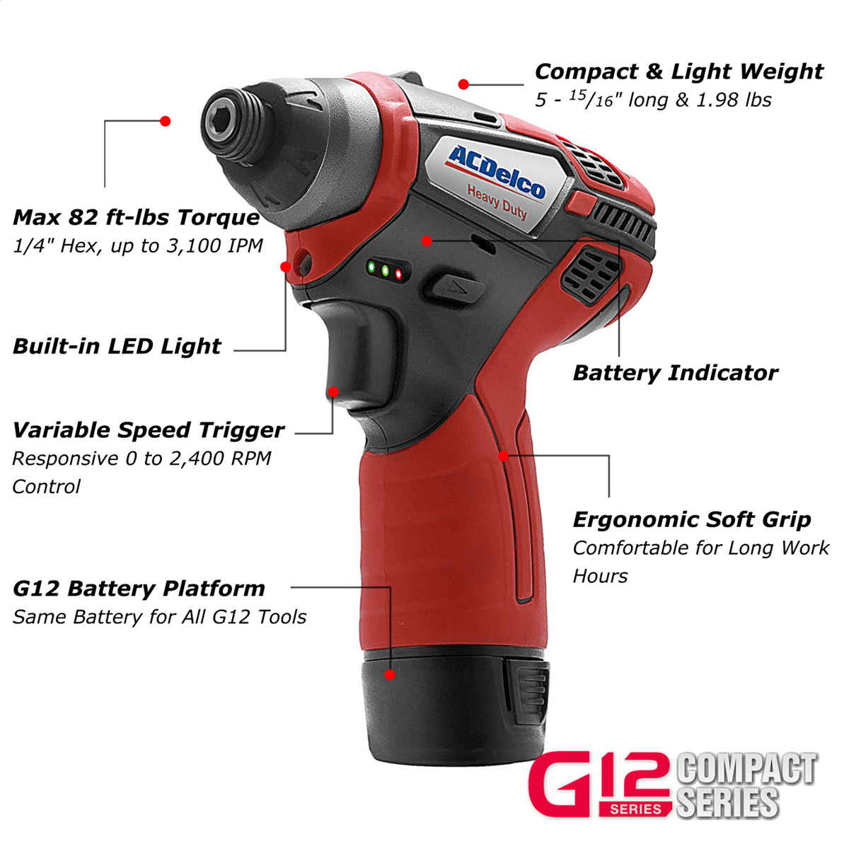 ACDelco G12 Series 12V Cordless Combo Kit: 3/8" Brushless Ratchet Wrench & 1/4" Impact Driver - Includes 2.0Ah Battery & Charger ARW12103-K2