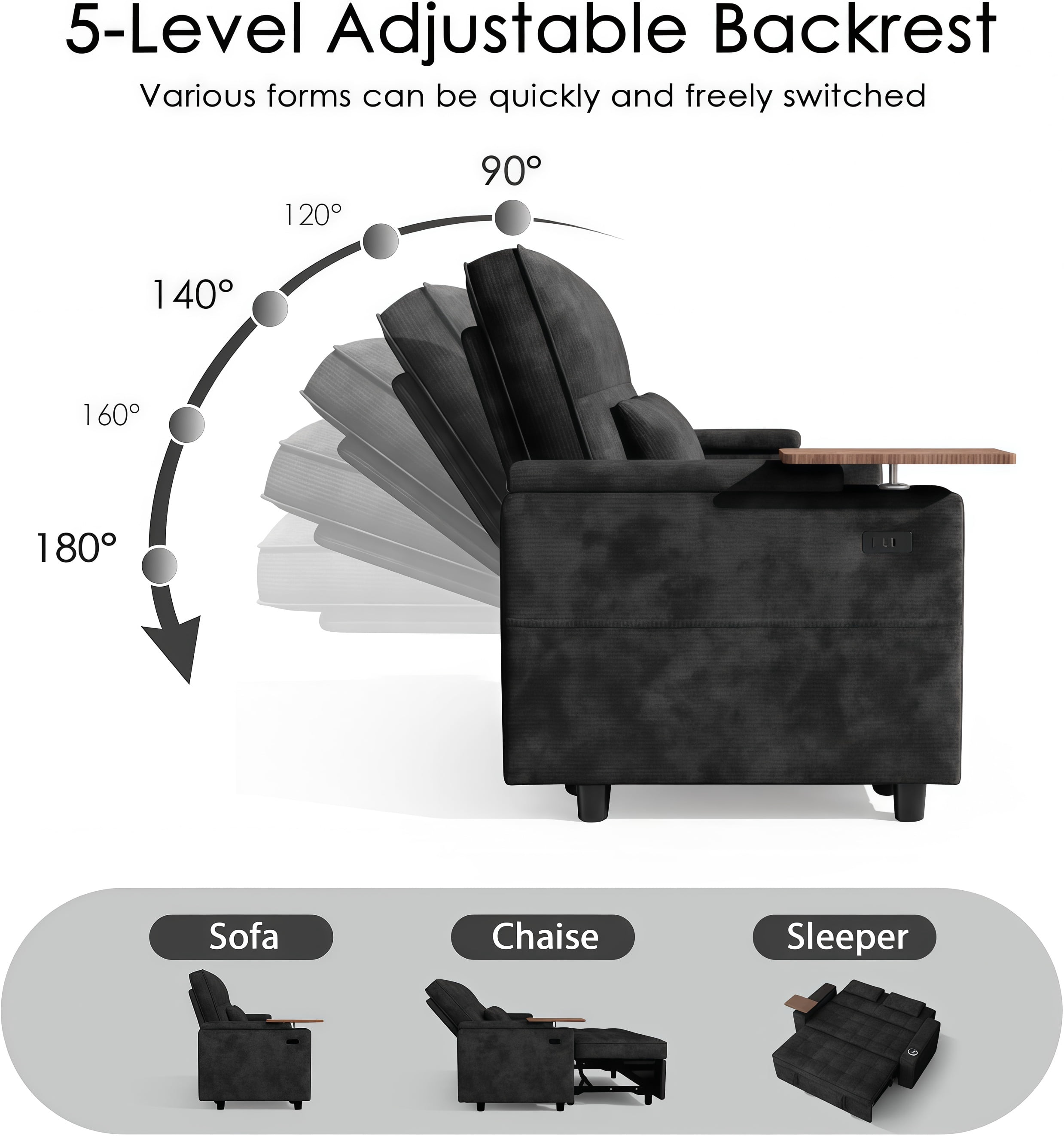 ShiKeyi 65" 3-in-1 Convertible Sofa Bed, Pull Out Loveseat with Chenille Fabric/Hidden storage space/Cup holder, Sleeper Sofa Bed for Living Room, Black