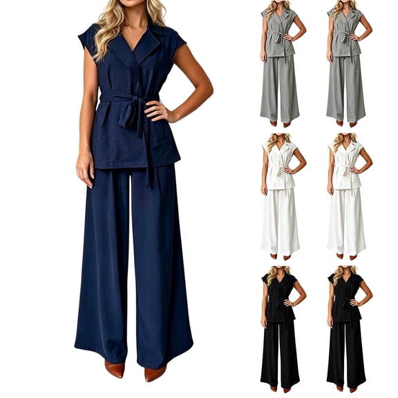 Naotn Womens Summer 2 Piece Outfits Casual Blazer Collar Short Sleeve Lace Up Shirt and Wide Leg Pants Sets Dressy Business Matching Suit Sets