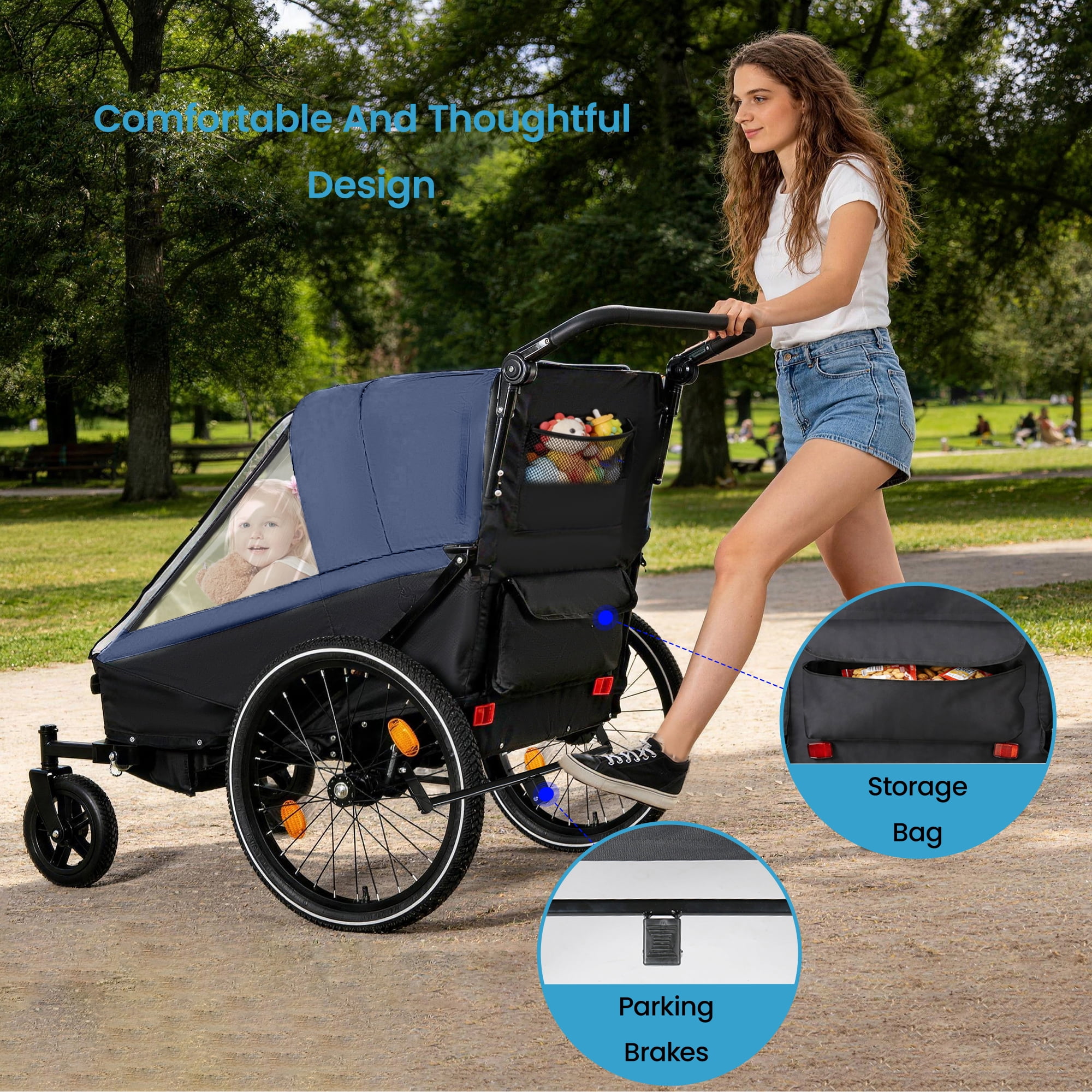 2 in 1 Kids Bike Trailer and Stroller for 1 to 2 Children, Jogging Function, Foldable Compact Storage with Universal Bike Hitch, 5-Point Harness and Storage Bags, Dark Blue
