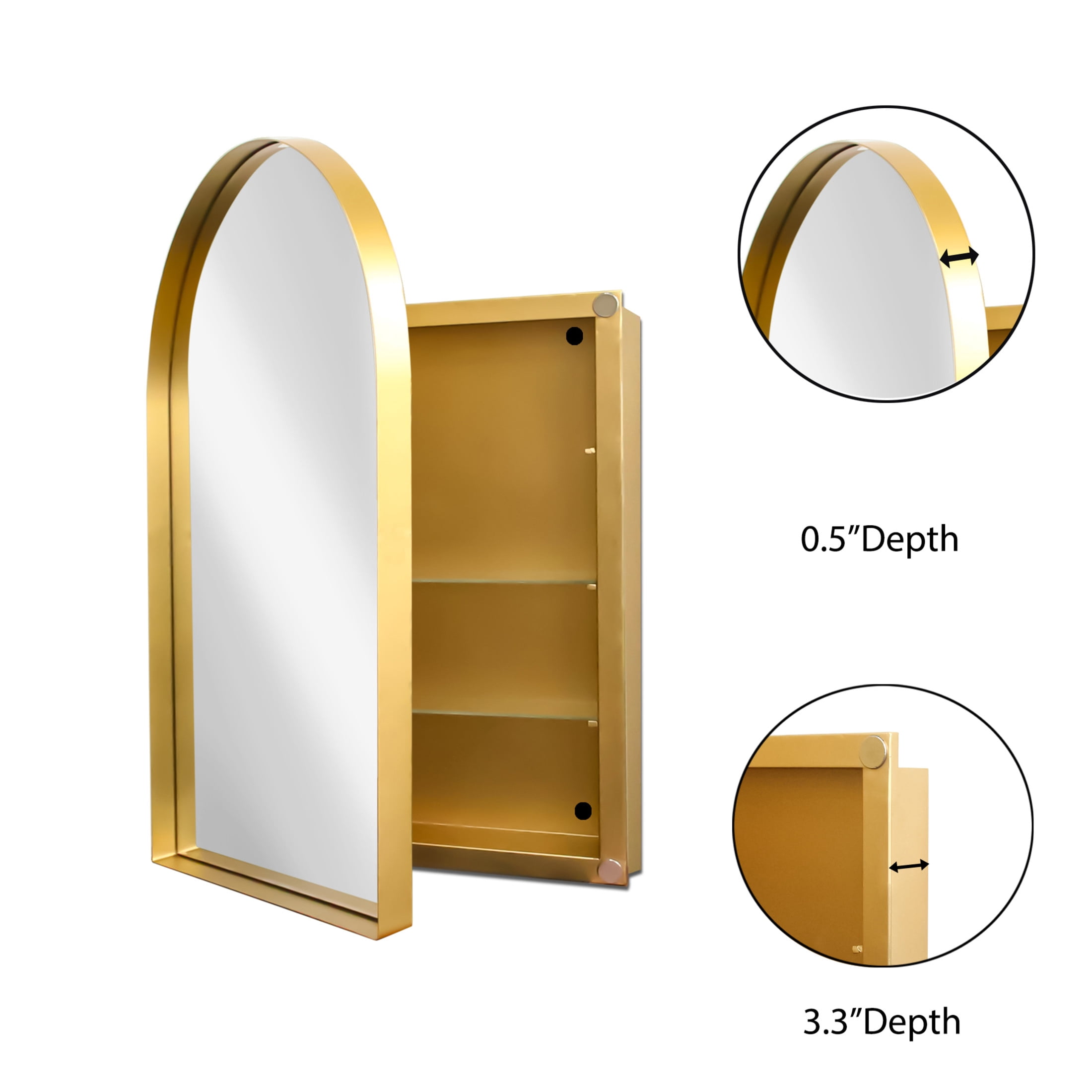 Noble House Arched Medicine Cabinet with Mirror, Recessed or Surface Mount, Adjustable Shelves, Matte Gold