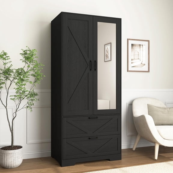 YWEN Armoire Wardrobe Closet with Mirror and 2 Drawers, 72'' Bedroom Armoire Wardrobe Cabinet with Hanging Rod and Light,Wooden Bedroom Closet with Adjustable Shelf