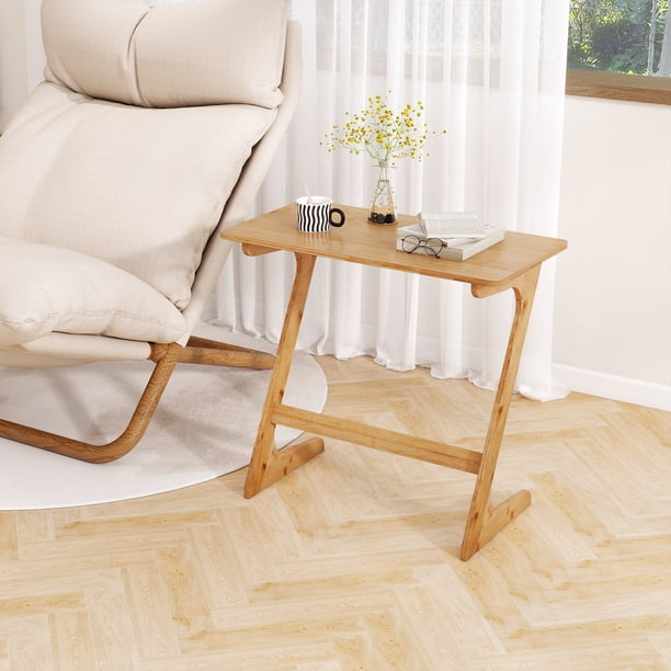 Costway Bamboo Sofa Side Table Z-Shaped Spacious Tabletop Space