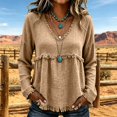 thumbnail image 2 of Women's Plus Size Long Sleeved V Neck T Shirts Causal Loose Fit Solid Tops Ladies Fall Ruffle Hem Going out Tees Khaki02 XXXL, 2 of 5