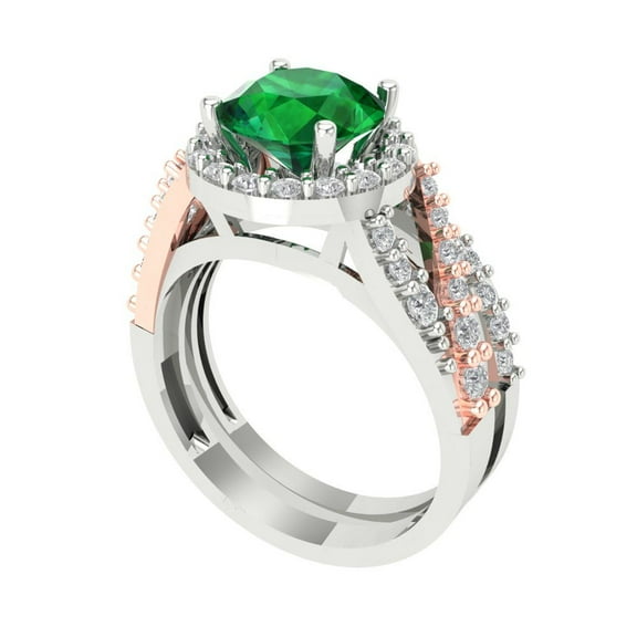 Clara Pucci 18K White/Rose Gold 2.32 Simulated Emerald Engraveable Engagement Ring   Wedding Band Set