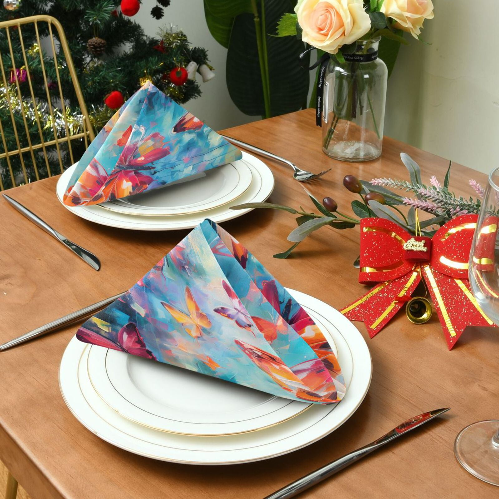 JSTEL Butterfly Painting Cloth Napkins Set of 6, 20x20 Inch Washable and Reusable Napkin for Decoupage Dinner Party Everyday Use