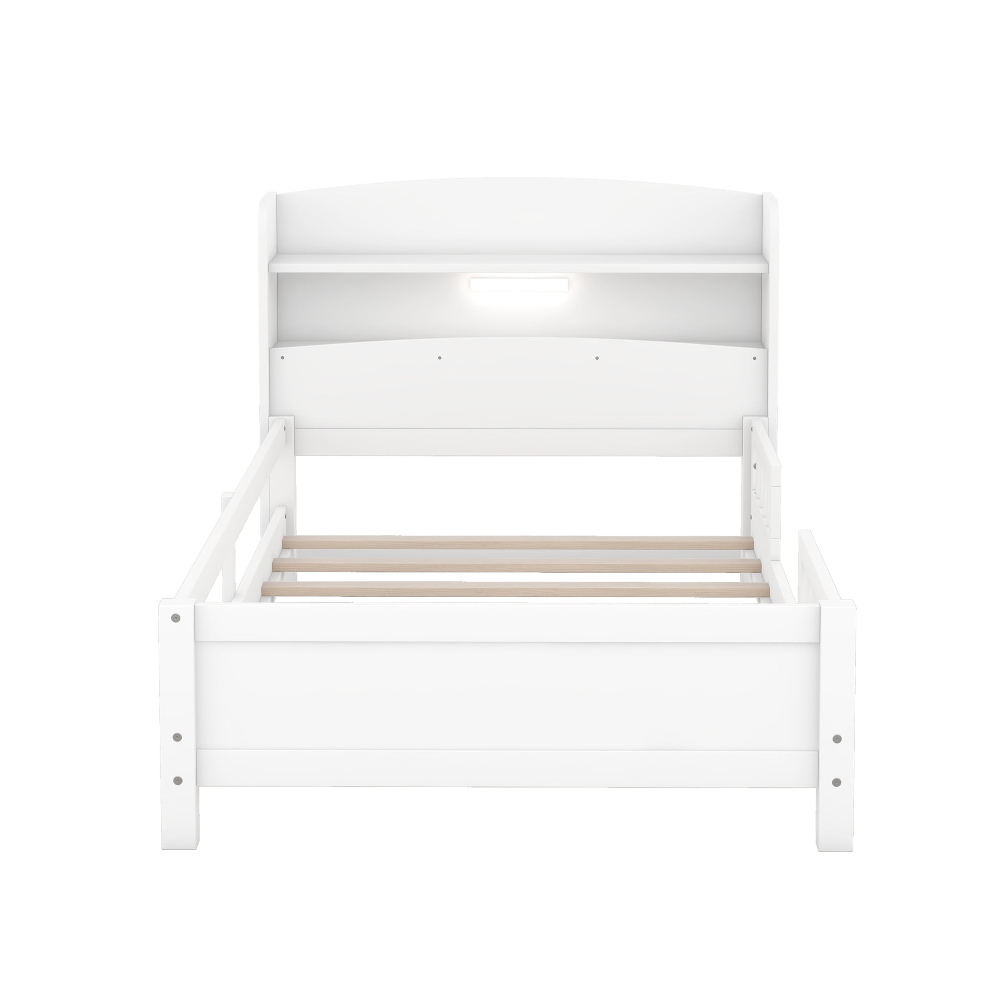 Euroco Wood Twin Size Platform Bed with Storage Headboard and LED Light, White