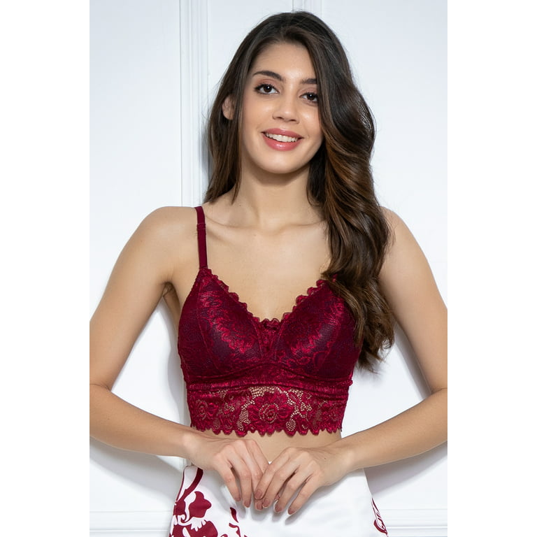 Clovia Padded Non-Wired Full Cup Multiway Longline Bralette in Maroon -  Lace 