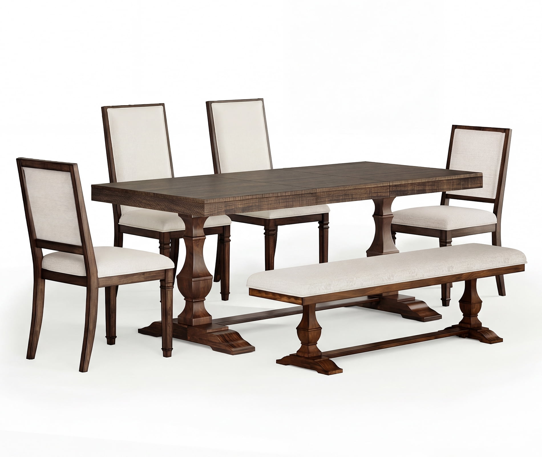 WAMPAT 6-pieces Farmhouse Dinning Table for 6-8,74.8" Kitchen Table Set with 4 Chairs and Bench, Solid Wood Legs and Cushion Seat for Kitchen & Living Room,Espresso