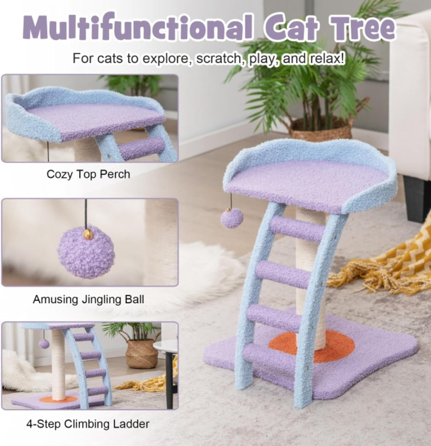 2 Storey cat Tree, cat Climbing Frame, Plush cat Tower with Ladder Shape